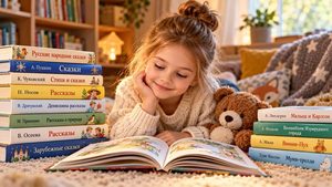 Что читать ребенку в 6–7 лет — девочка читает детскую книгу в окружении сборников сказок и рассказов.