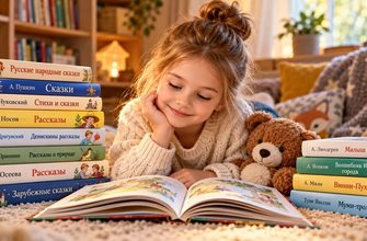 Что читать ребенку в 6–7 лет — девочка читает детскую книгу в окружении сборников сказок и рассказов.